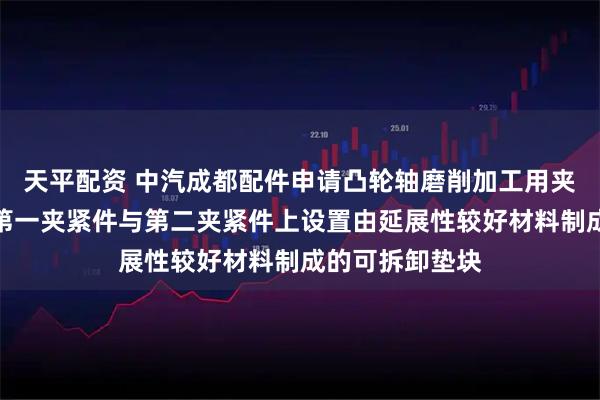 天平配资 中汽成都配件申请凸轮轴磨削加工用夹持装置专利，第一夹紧件与第二夹紧件上设置由延展性较好材料制成的可拆卸垫块